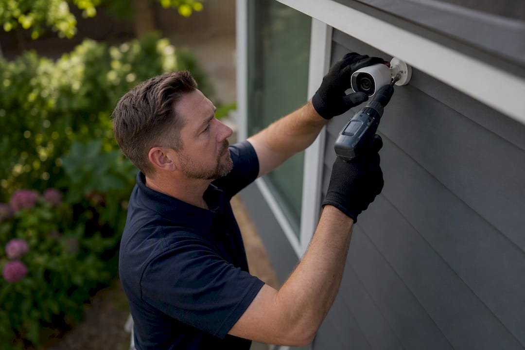 Hands installing outdoor security camera