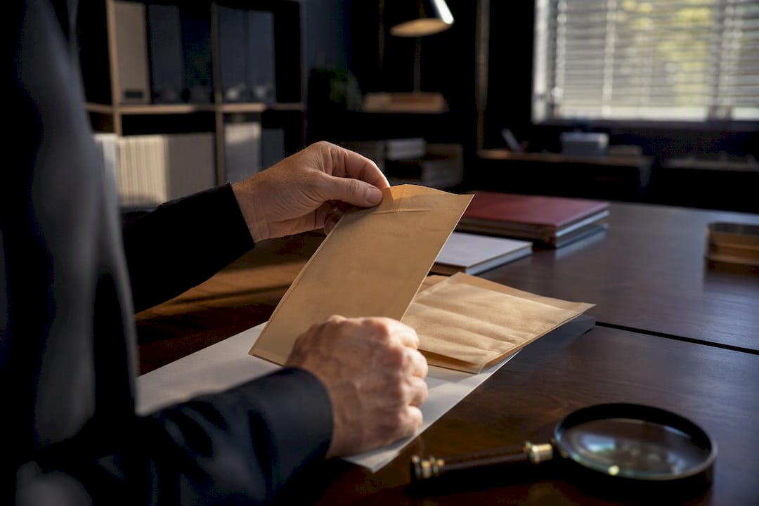 Hands handling anonymous case evidence in office
