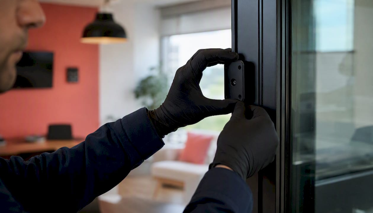 Hands installing security sensor on window frame