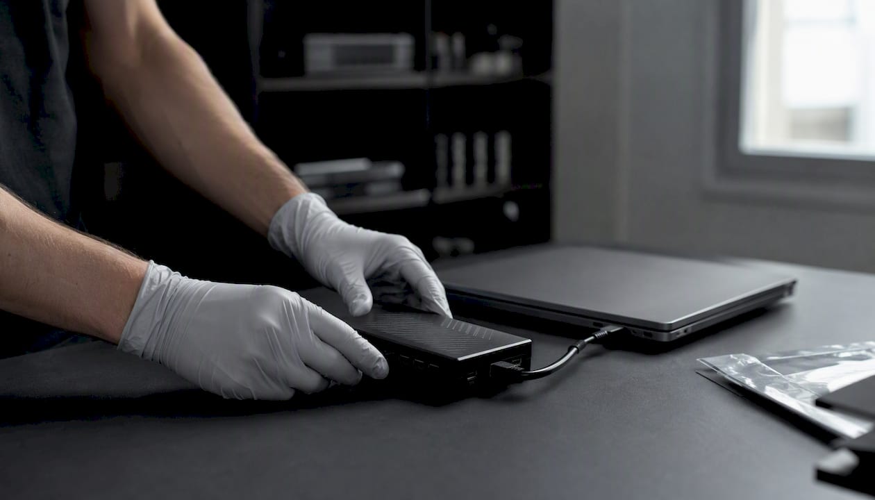 Hands connecting forensic write-blocker