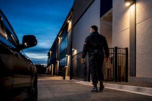 Officer patrolling commercial property perimeter