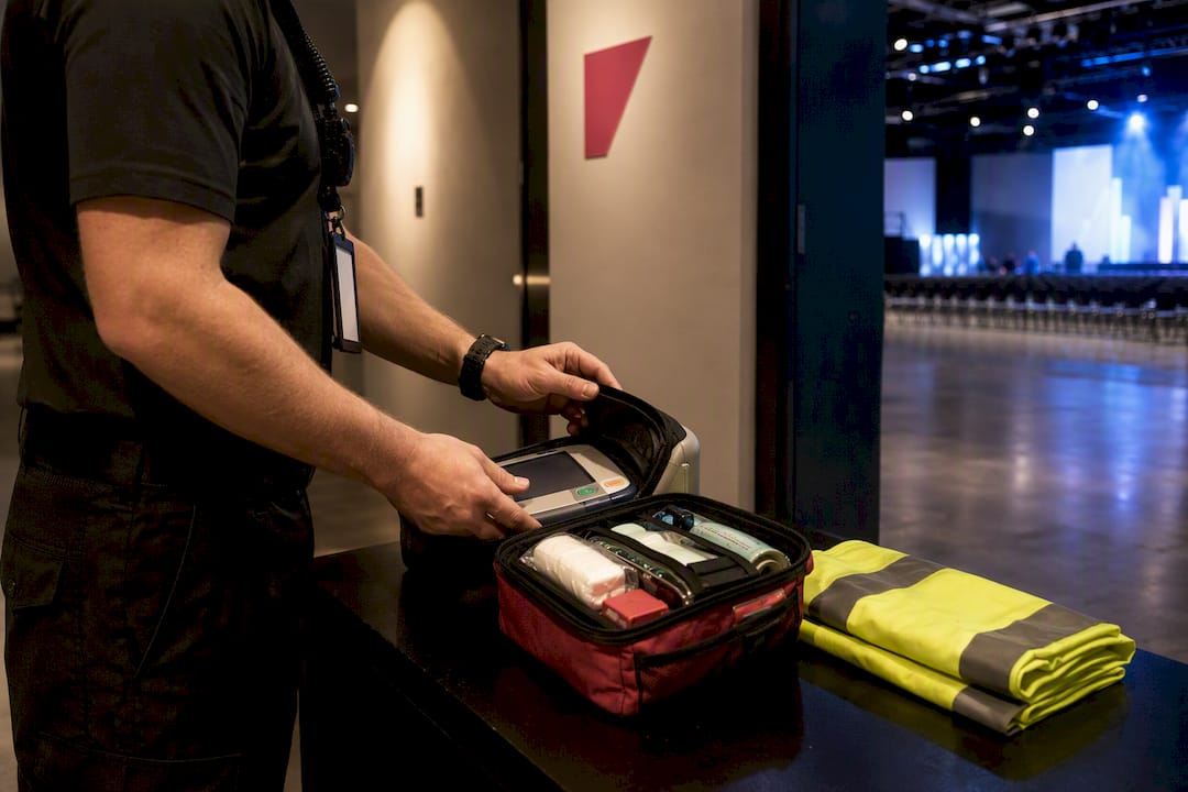 5 Point Corporate Event Security Checklist: CISA, FEMA and Hub Ready Responder checking AED at event medical station