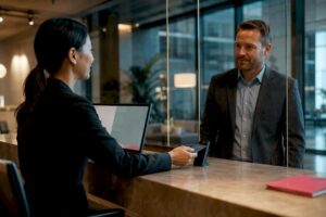 Receptionist verifying visitor at secure front desk