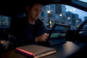 Investigator reviewing surveillance evidence in vehicle