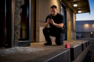 Security officer documenting damaged facility entry