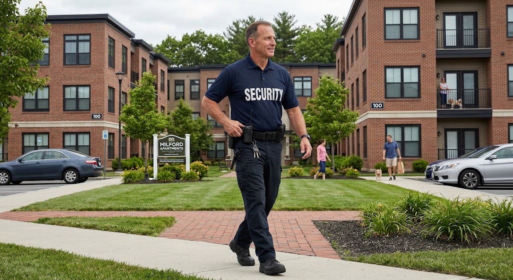 Hub Security guard on patrol near Milford Apartments, providing security in Milford MA