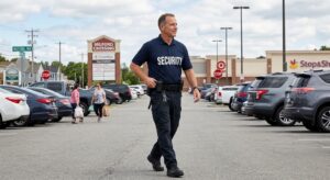 Hub Security guard patrolling Milford Crossing shopping center, security in Milford MA