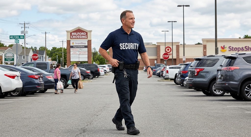 Hub Security guard patrolling Milford Crossing shopping center, security in Milford MA