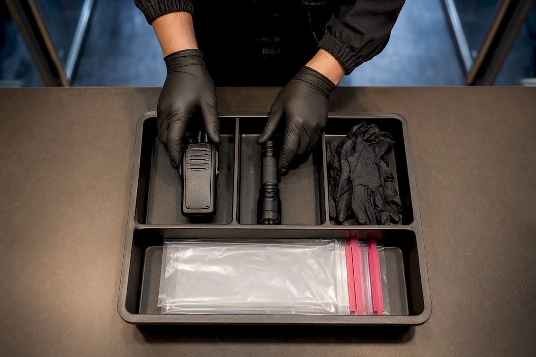 Radio flashlight gloves and evidence bags