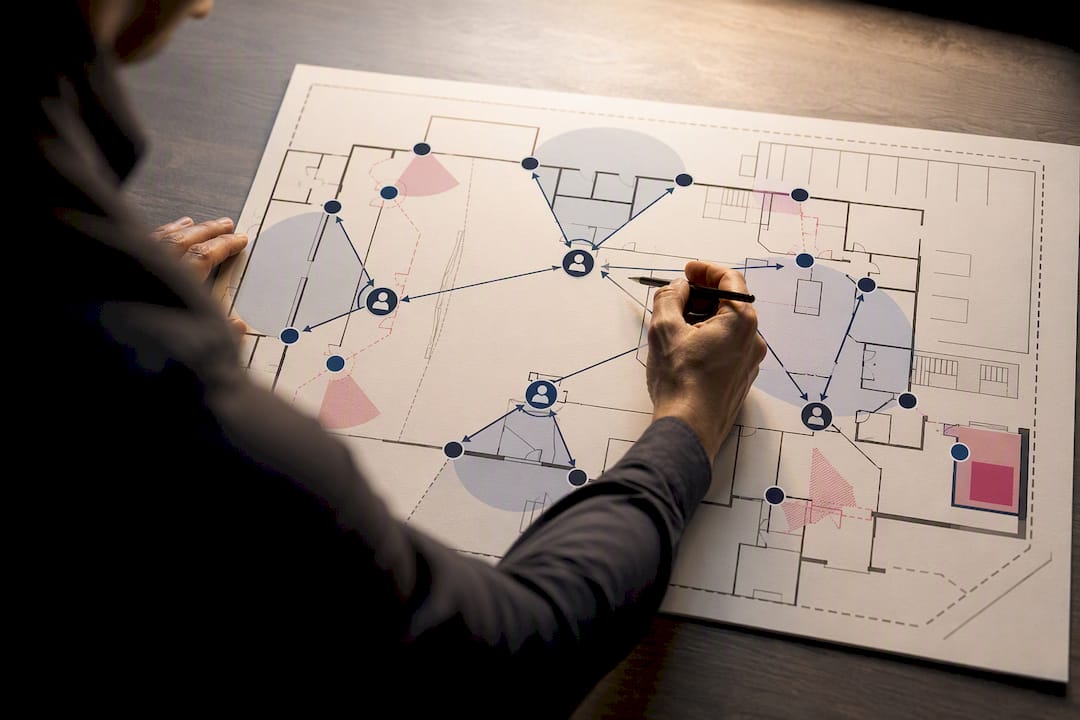 Venue floor plan showing security post coverage