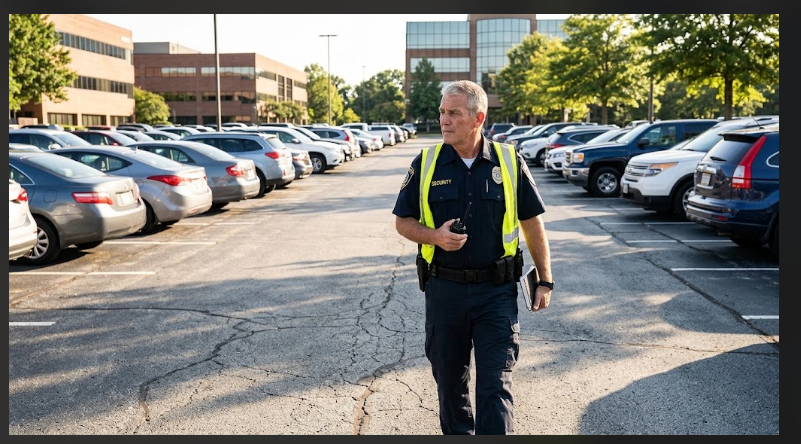 Hub Security and Investigative Group uniformed security officer patrolling a client parking lot — serving Rowley, MA