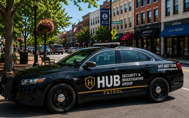 Hub Security and Investigative Group marked patrol vehicle on patrol in Massachusetts — serving Rowley, MA