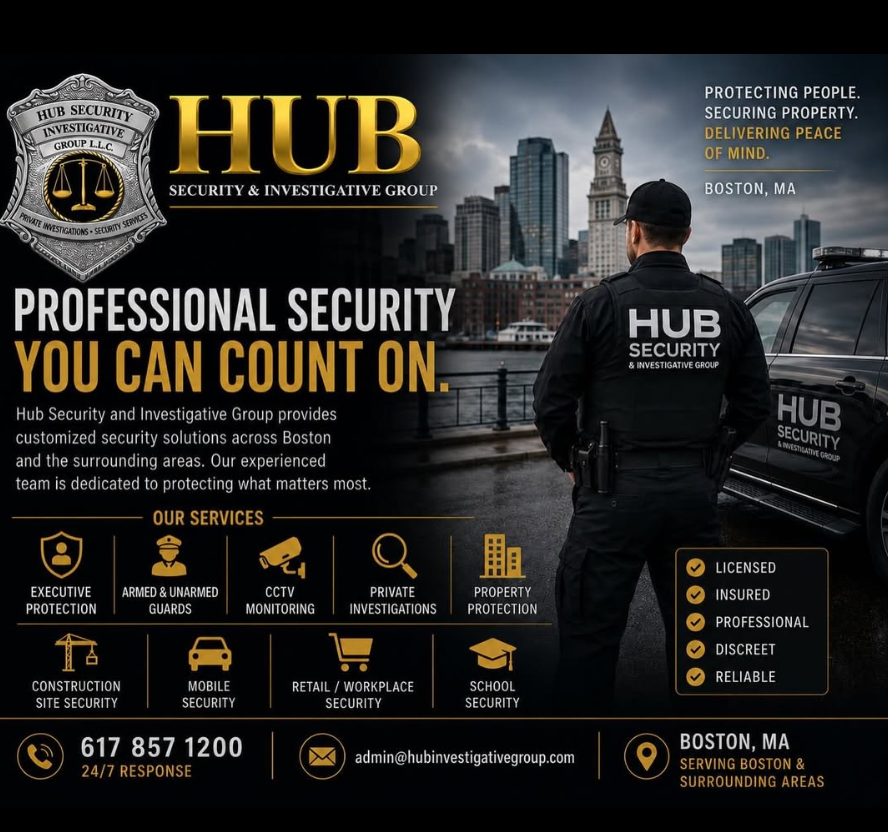 Hub Security and Investigative Group professional security services overview graphic — serving Marshfield, MA