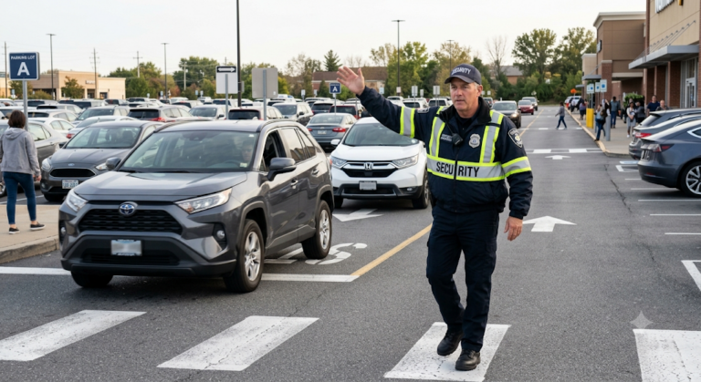 Security guard directing traffic in a parking lot