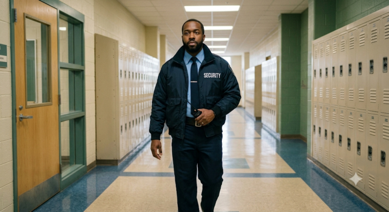 Unarmed security guard patrolling a building hallway