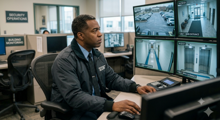 Security operations center monitoring building CCTV and entrance cameras