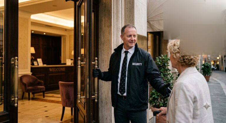 Security officer greeting a hotel guest at the entrance