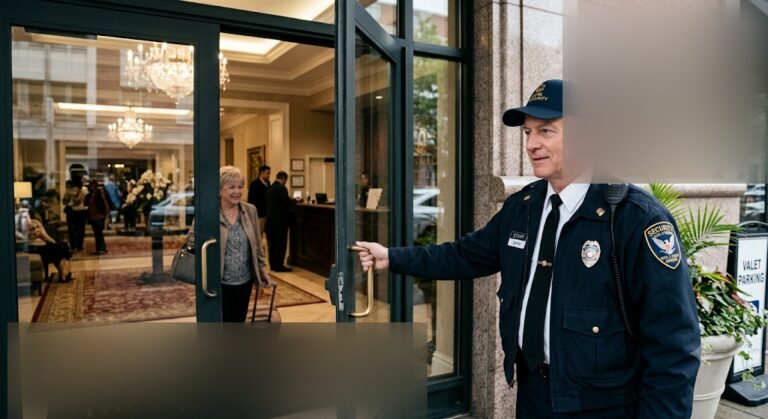 Security officer opening the door for a hotel guest