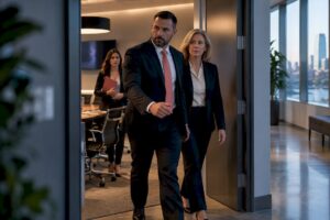 Protection professional escorting executive from meeting