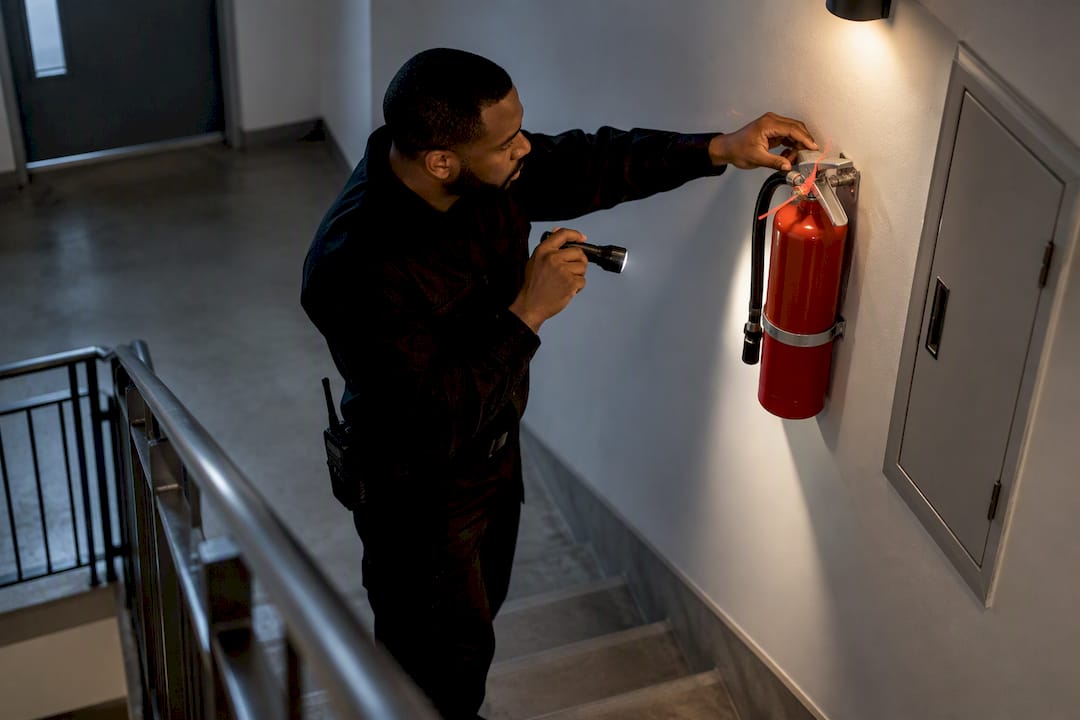 Fire watch professional checking emergency equipment
