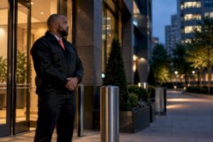 Armed security officer outside office building