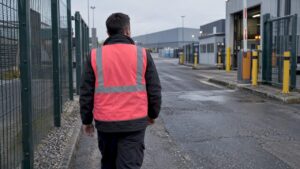 Security consultant assessing worksite perimeter at dawn